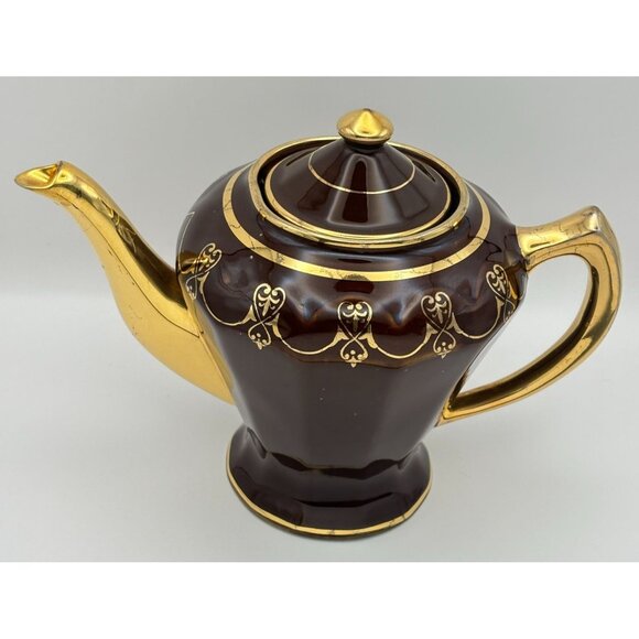 Vintage Art Deco Teapot Fraunfelter Brown with Gold Trim Ornate Design - Picture 5 of 12